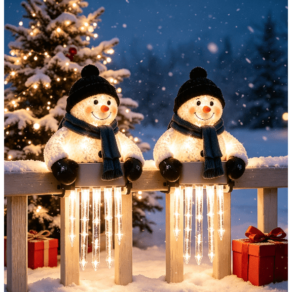 Winter Glow Snowman Icicle Light Decor, Unique Christmas Holiday Gift, Decorative Outdoor Light for Porch Fence Decoration (2PC)