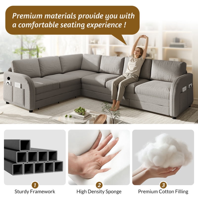 L-Shaped Sectional Sofa with Pull Out Bed, 115.2'' Convertible Sleeper Sofa with Reversible Chaise, USB Charging Ports & Side Pockets, Oversized 6-Seat Sofa Couch for Living Room