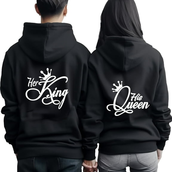 Lotusprinthandmade Valentine’s Day Her King/His Queen Hoodie 2D S-5XL Multicolor (S) – Valentine Couple Hoodie Set