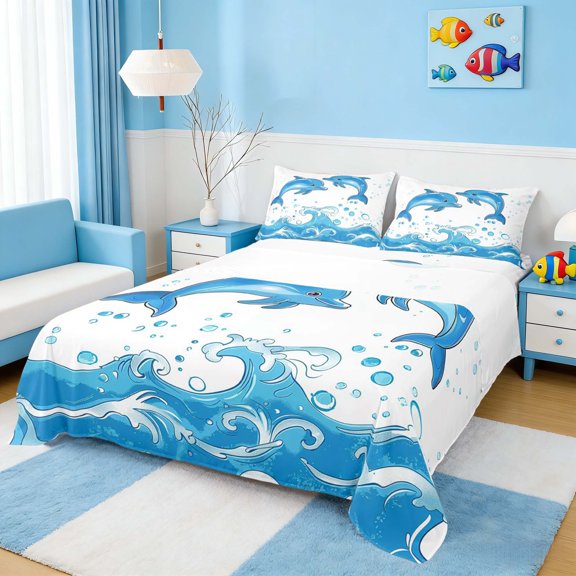 Manfei Cartoon Dolphin Wave Queen Sheet Sets for Kids Boys and Girls, Cute Fish Bed Set 4 Pieces, 1 Flat Sheet, 1 Fitted Sheet and 2 Pillowcases