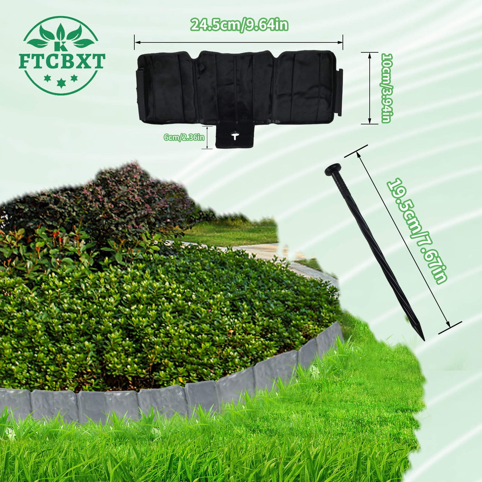 FTCBXT Garden Edging Border, 24 Ft Plastic Landscape Edging Border with Anchoring Spikes, Imitation Stone Fence for DIY Outdoor Yard Landscaping (30 Pcs, Black)