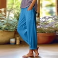 thumbnail image 2 of Linen Capris Pants for Women,High Elastic Waisted Drawstring Crop Trouser,Straight Wide Leg Cropped Pant with Pockets Dark Blue XXL, 2 of 5