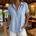 thumbnail image 2 of Linen Tops for Women Summer Gauze Shirts Button Down Short Sleeve V Neck Blouses Dressy Casual Tunic Clothes Light Blue S, 2 of 8