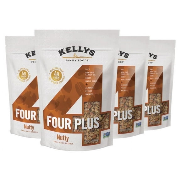 Kellys Four Plus Granola Cereal | Nutty Healthy Granola for Yogurt | Hand Made Organic Snacks for Breakfast - 12 oz (Pack of 4)