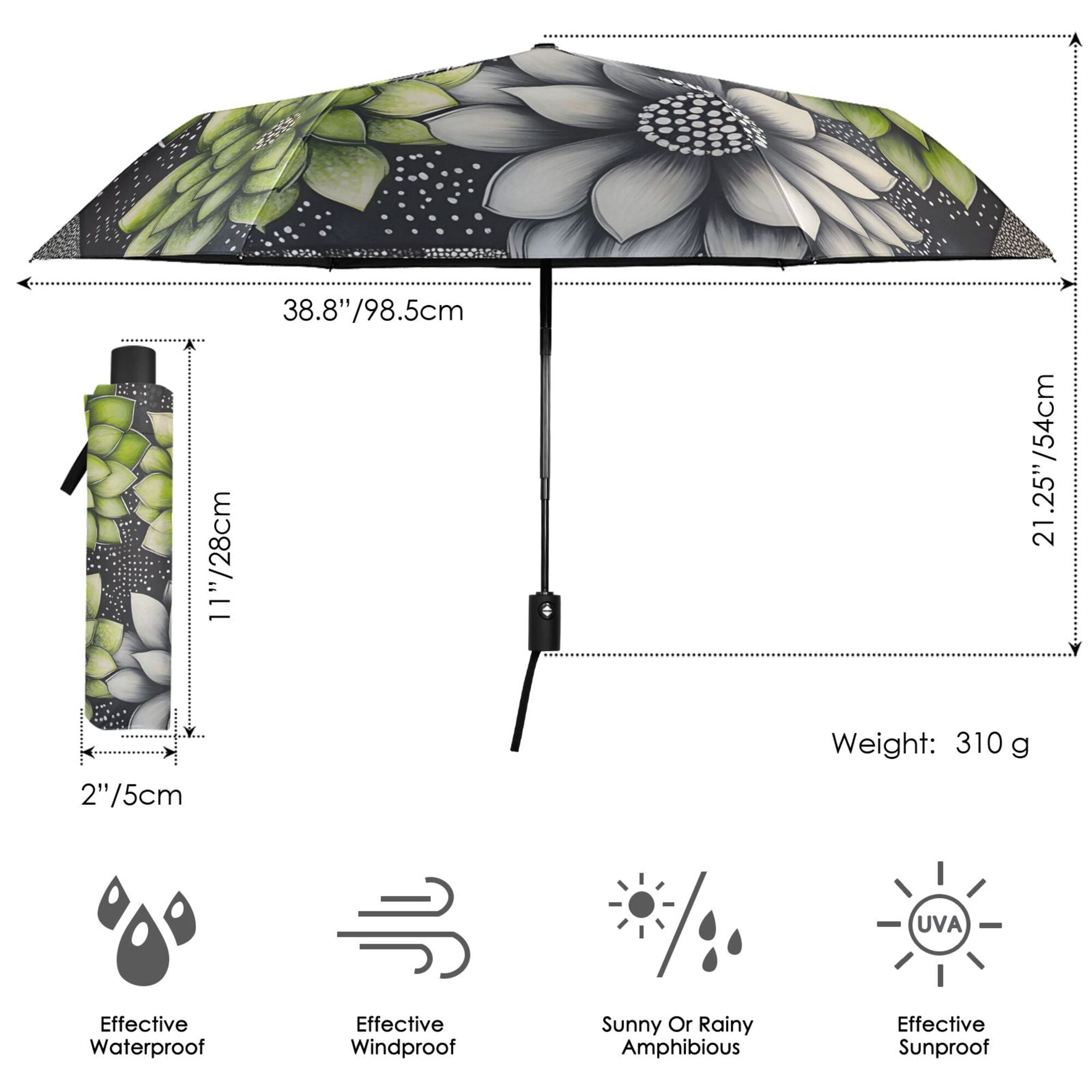 FORMRS Travel Umbrella Folding Auto Open Close Windproof Rain UV Protection, Gray Floral