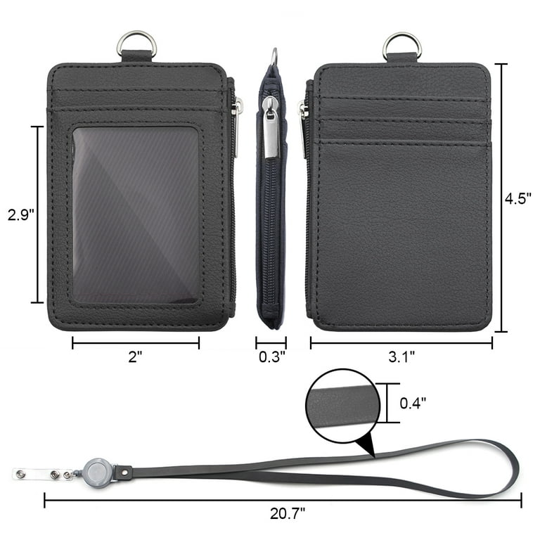 ELV Badge Holder with Zipper and Lanyard, PU Leather ID Badge Card Holder Wallet with 5 Card Slots, RFID Blocking Pocket, Adjustable Detachable Neck