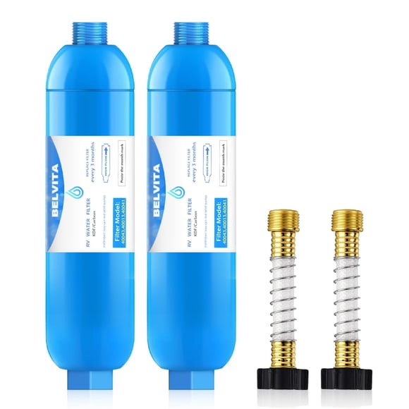 RV Inline Water Filter with Flexible Hose Protector,Dedicated for RVs and Marines,2 Pack Drinking & Washing Filter,Reduces Lead,Fluoride,Ch