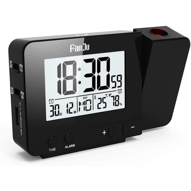 Infactory Radio Projection Alarm Clock: Projection Radio Alarm Clock, Thermo/Hygrometer, 2 Alarm Times, Usb Charging Port (Alarm Clock With Projection)