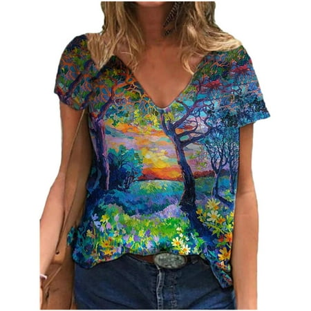 

spring tops womens 2023 Women V-Neck Short Sleeve T-shirt Top Print Casual Loose Blouse Maternity Blouses Multicolor S