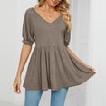 thumbnail image 4 of Women Summer Loose Top Mid Length Puff Sleeve V Neck Ruffle Hem Blouse for Female Brown S, 4 of 7
