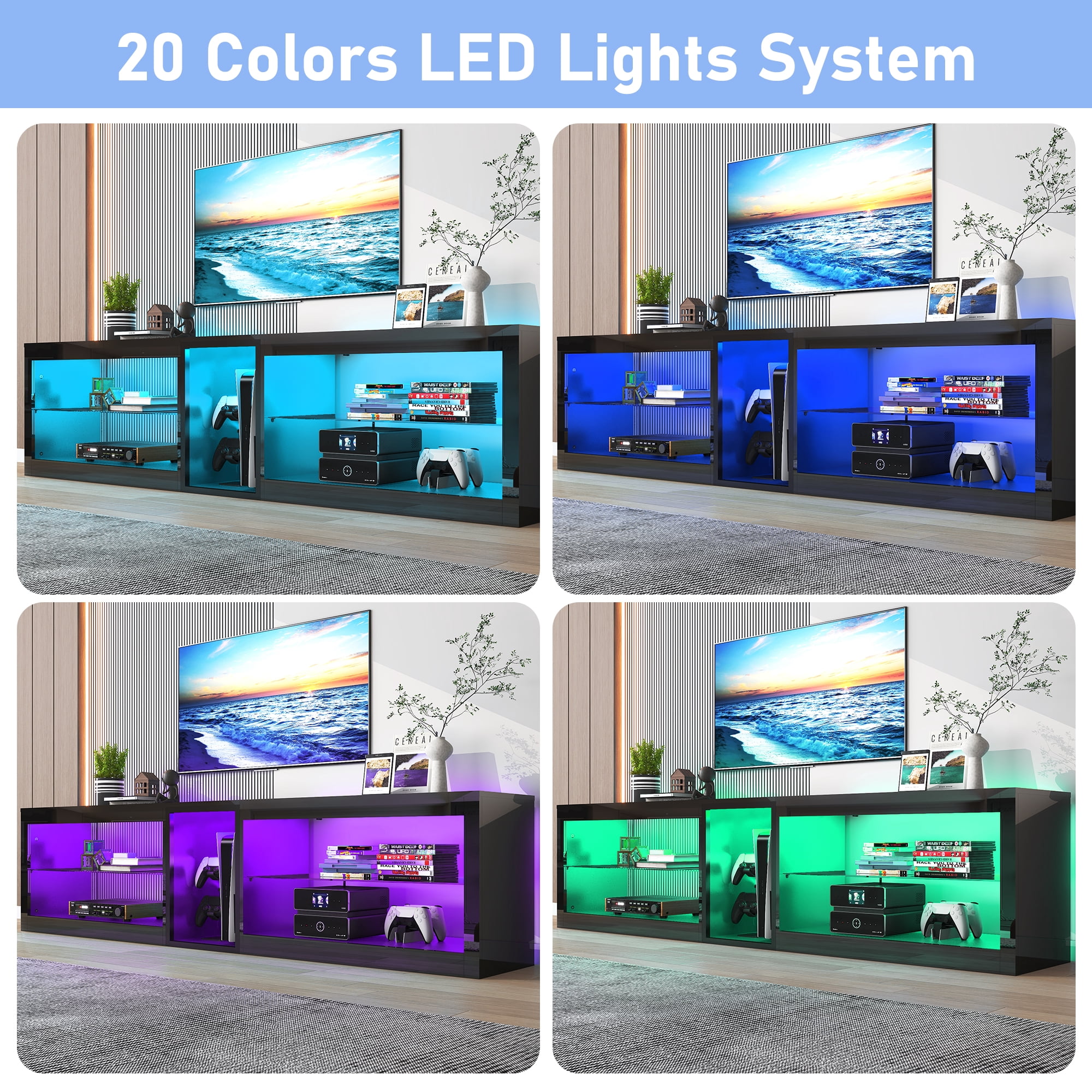 ChVans Modern LED TV Stand for TVs up to 90" with Adjustable LED Lights/Outlet, High Gloss Entertainment Center with Open Shelves Storage, Media Console TV Stands for Living Room, Game room, Bedroom