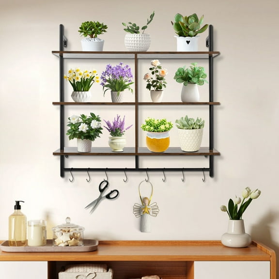 Miumaeov 3-Tier Floating Shelf Industrial Pipe Shelf Wall-Mounted Rustic Display Storage Stand with Hooks