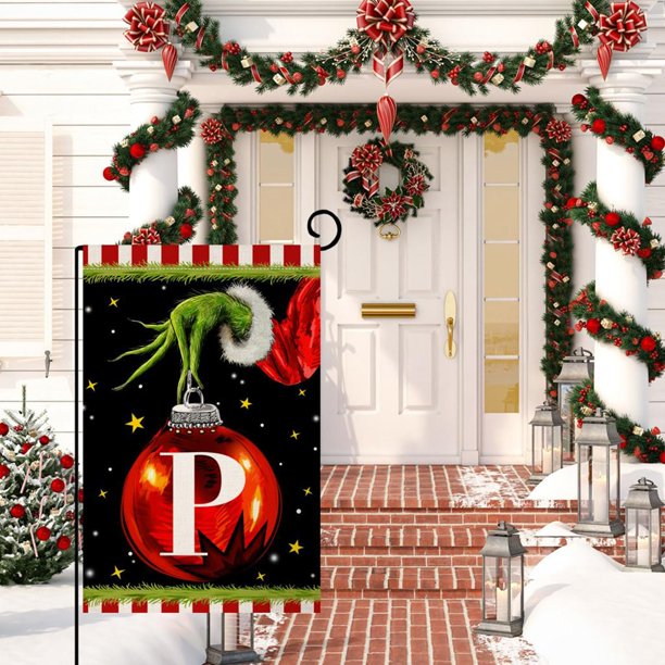 Bandera de jardín con letras de árbol de Navidad de El Grinch, diseño de mano con dibujos animados, decoración exterior vertical de doble cara, bandera con iniciales de apellido familiar, decoraciones