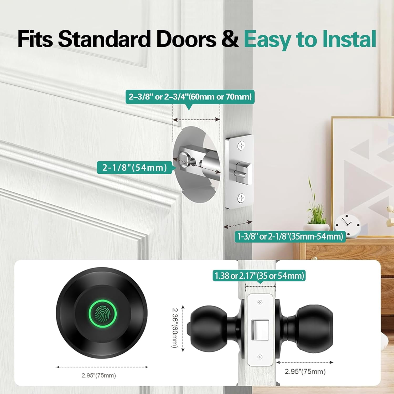 Smart Door Knob, Fingerprint Door Lock with App Control, Auto-Lock, Easy Installation, Great for Bedrooms, Cloakroom, Apartments, Offices (Black)