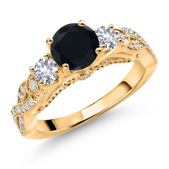 Gem Stone King 18K Yellow Gold Plated Silver Black Onyx White Created Sapphire and White Moissanite Engagement Ring for Women (1.33 Cttw, Gemstone December Birthstone, Round 6MM and 3MM, Size 6)
