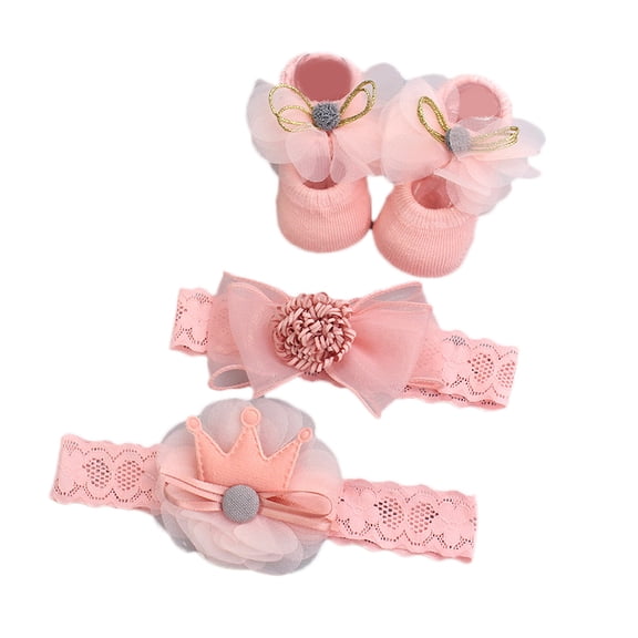JAJAHO Newborn Baby Girls Socks With Hairbands 3 Piece Set Infant Girl Crew Socks With Cute Floral Bow Design Cozy Sock