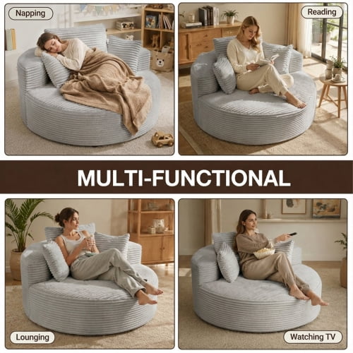55-Inch Oversized Round Chaise Lounge Chair, Modern Corduroy Boneless Floor Sofa with 3 Pillows, Deep Seat Circular Couch for Living Room, Bedroom & Movie Room, Light Gray