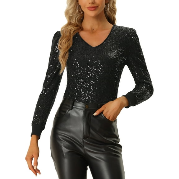 INSPIRE CHIC Sequin Top for Women's V Neck Party Sparkly Blouses XS Black