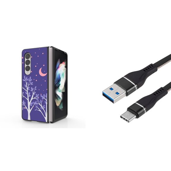 Accessory Bundle for Galaxy Z Fold 4: Slim Snap-On Case (Purple Night), Nylon Braided USB-C to USB-A Cable (3 Feet)
