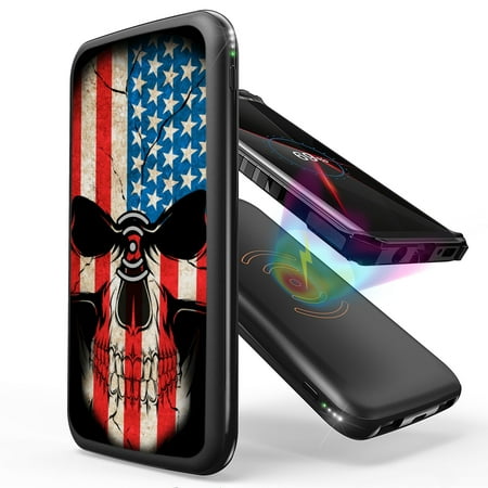 

INFUZE Qi Wireless Portable Charger for Samsung Galaxy A32 5G External Battery (10000 mAh 18W Power Delivery USB-C/USB-A Ports) with Touch Tool - American Skull