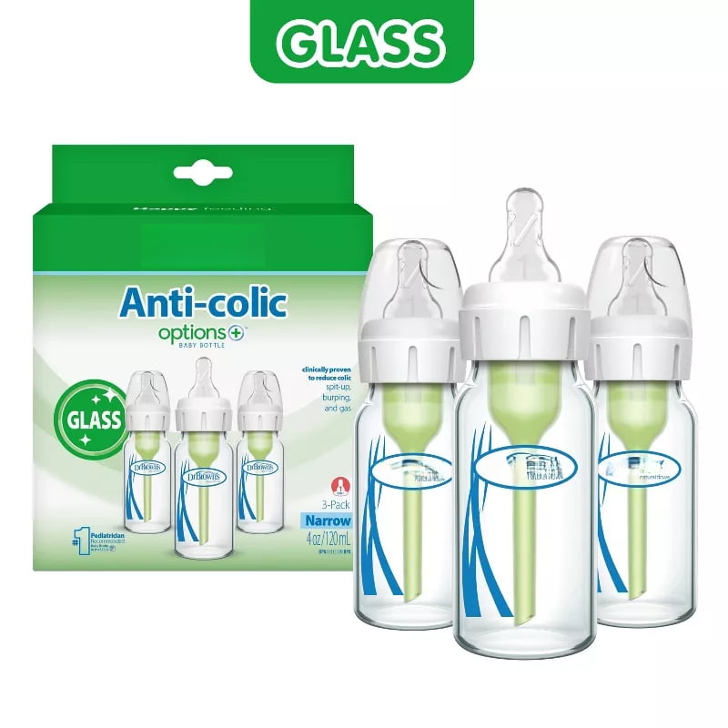 Anti-Colic Narrow Glass Baby Bottles, 4 fl oz/3pk, BPA-Free Infant Feeding Bottles, Wide Neck Alternative, Silicone Nipples, Newborn Baby Bottles, Reusable Baby Feeding Bottles