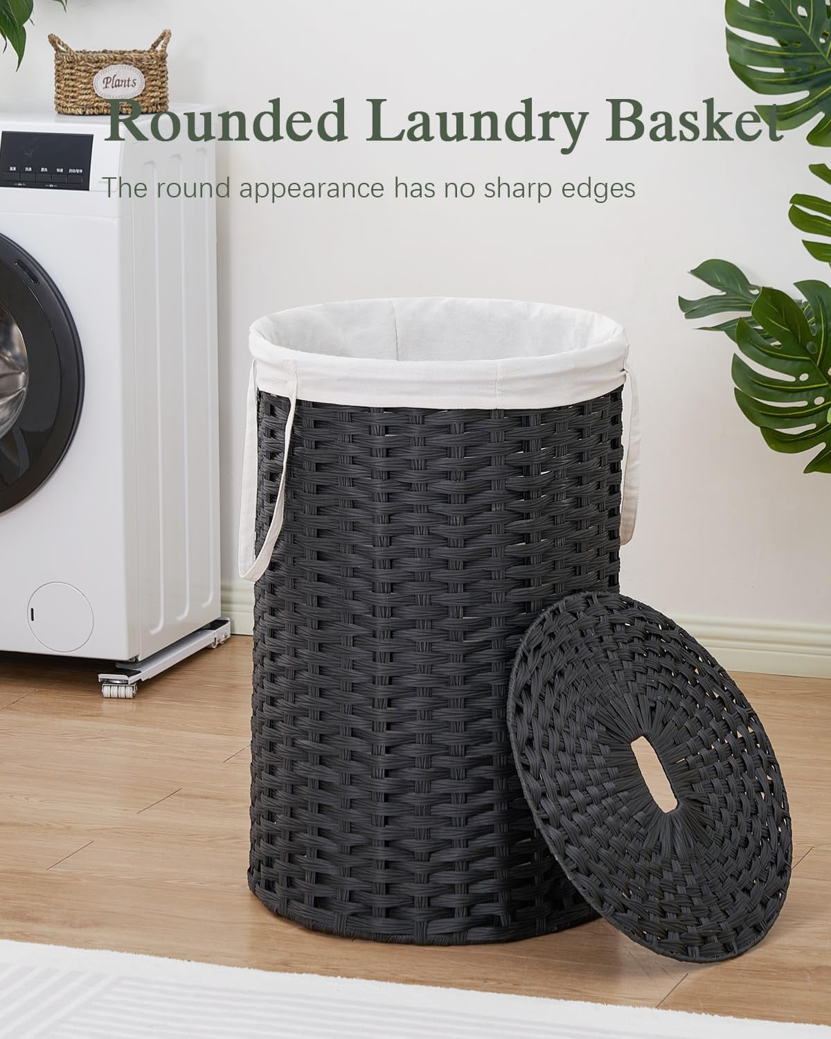 Large Laundry Hamper Laundry Basket Round 34.3 Gal (130 L) Handwoven Wicker Laundry Baskets Rattan Laundry Basket with Laundry Bag Handles 2 Mesh Bags for Living Room Bedroom Black
