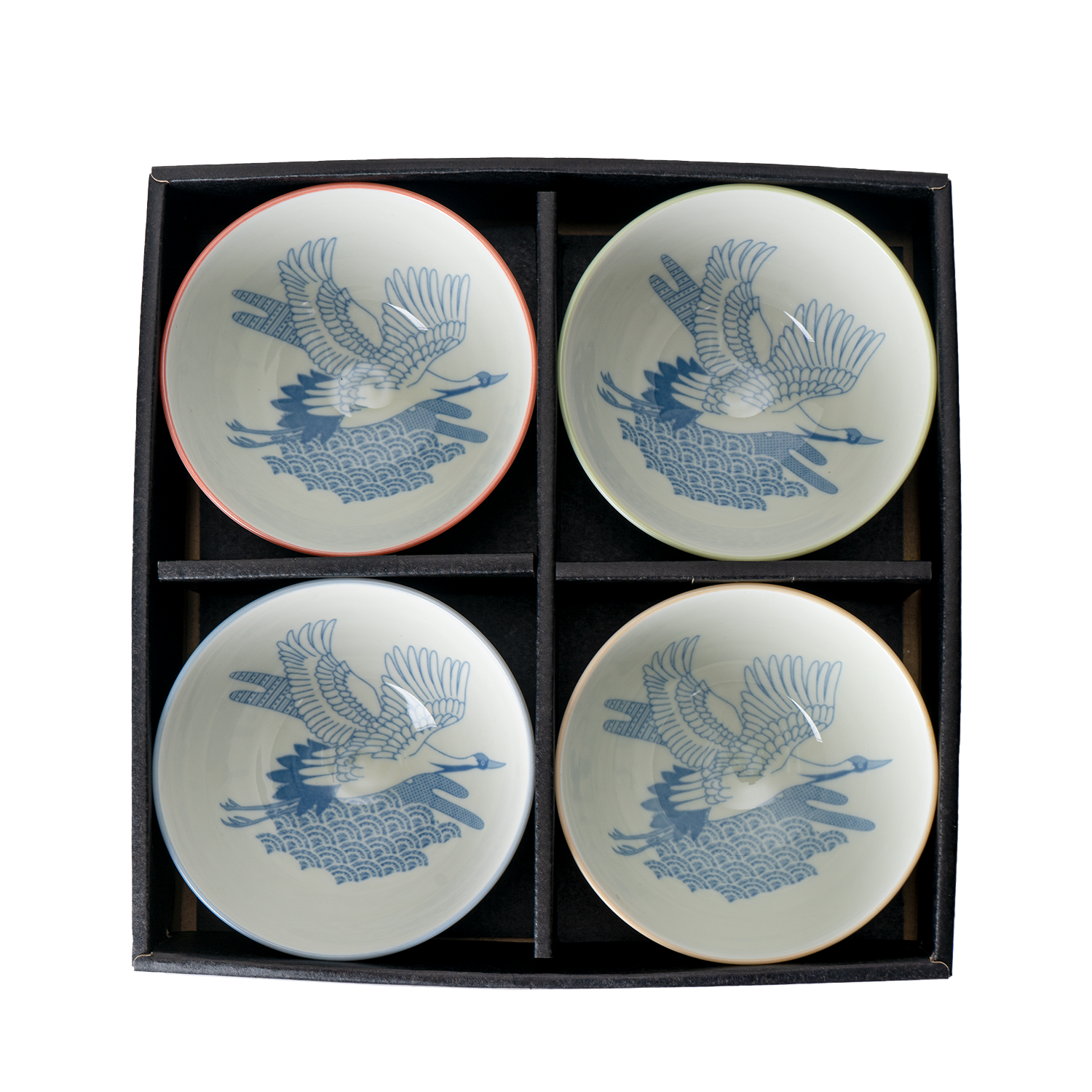 Authentic Japanese Rice Bowl Set 4 Piece Japanese Crane Design 4.5 Inch D Soup Bowls Minoware Porcelain Made In Japan