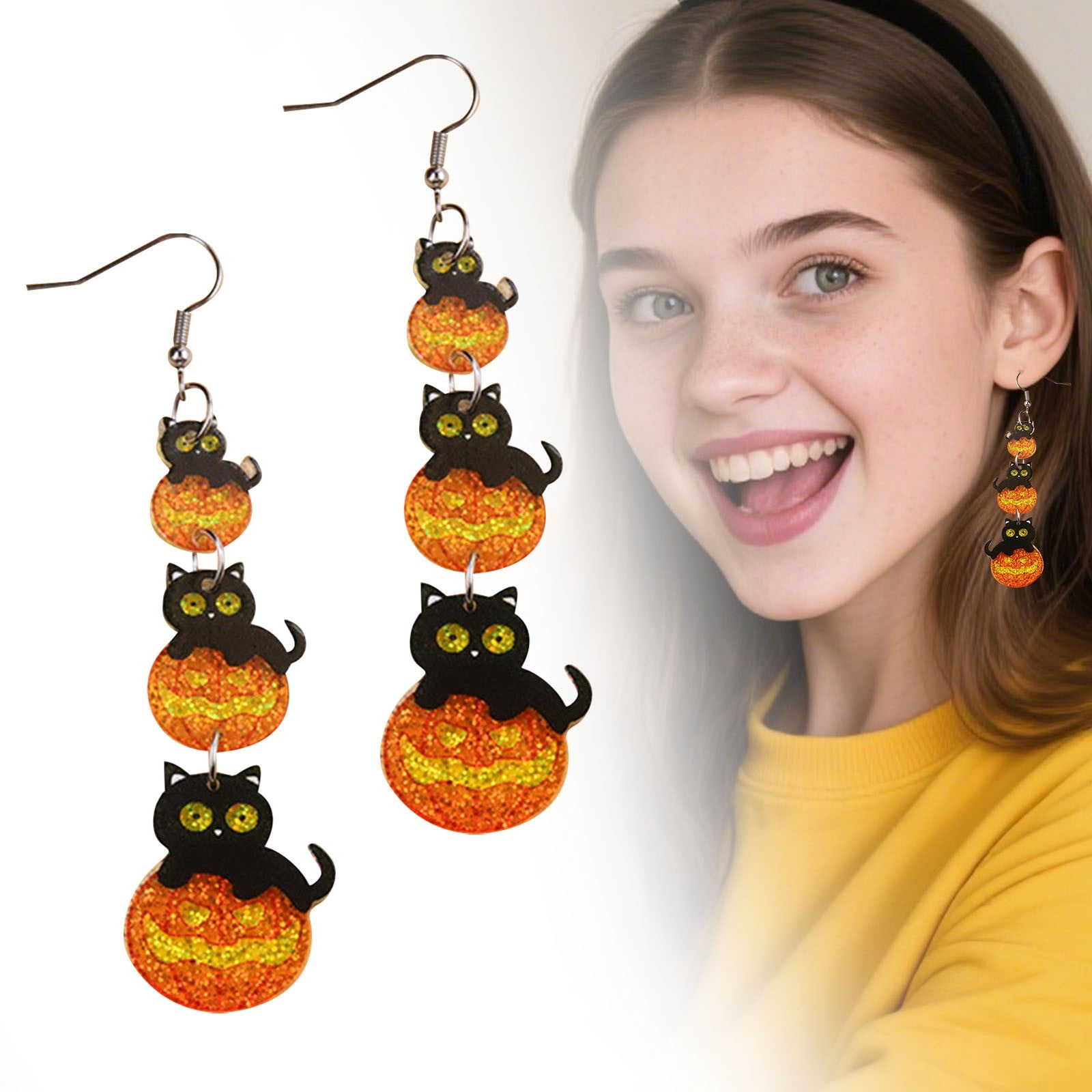 Homesteed Halloween Yellow Pumpkin Cat Earrings Acrylic Dangle Fall Jewelry Lightweight Festive Holiday Gift for Women