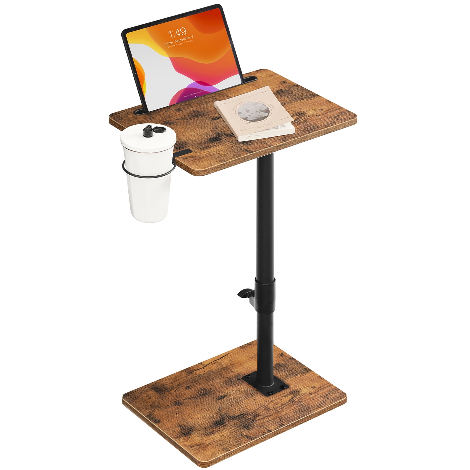 HOOBRO Adjustable C-Shaped TV Tray Table - Height Adjustable 16.5''-31.5'', 360° Swivel End Table with Cup Holder & Device Stand - Perfect for Small Spaces, Living Room, Bedroom ,Rustic Brown
