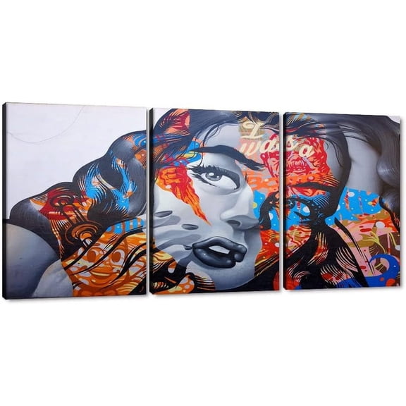 Hieng Large Living Room Canvas Wall Art 3 Panels Graffiti Black Woman Portrait Poster Abstract Street Pop Artwork for Bedroom Bathroom Wall Decor