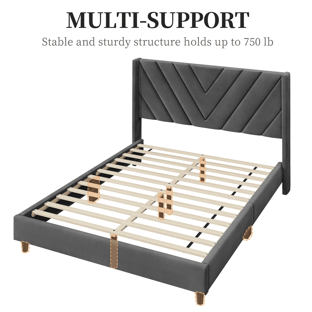 Renwick Upholstered Platform Full Size Bed with Slat Support for Adults, Dark Gray