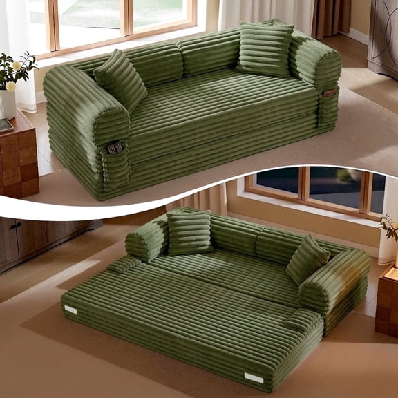 79" Corduroy Boneless Couch Bed 4-in-1 Convertible Fold Out Sleeper Sofa with Storage Pockets No Assembly Floor Couch for Bedroom