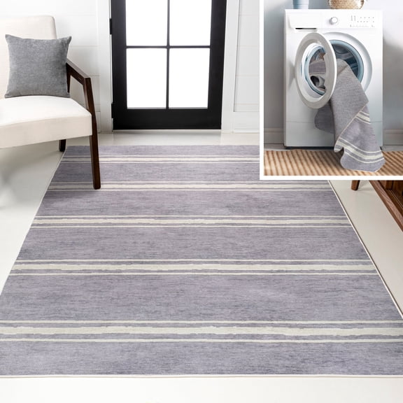 JONATHAN Y WASHABLE 9 x 12 Area Rug, Bande Distressed Stripe - Lavender/Ivory, WSH121A-9