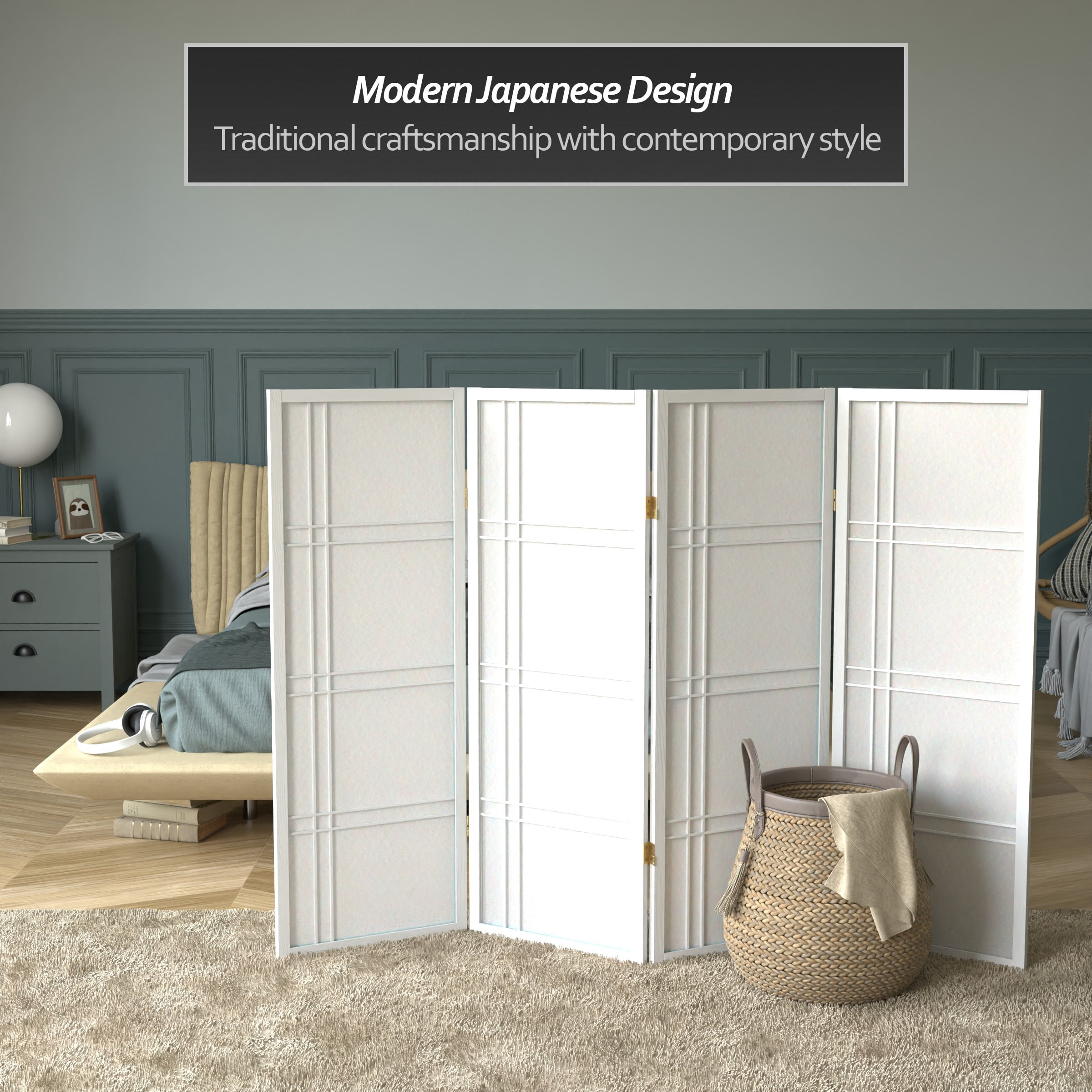 4 ft. Tall Japanese Design Double Cross Lattice Screen - White - 4 Panels