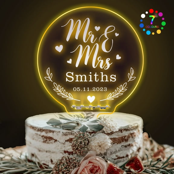 Personalized Acrylic Wedding Cake Toppers 7 Colors Changes LED Light Up Mr & Mrs Cake Decoration Party Supplies Custom Any Name
