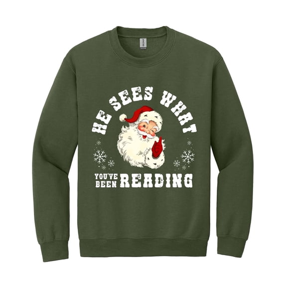 He Sees What You've Been Reading Santa Sweatshirt, Funny Book Lover Christmas Sweatshirt
