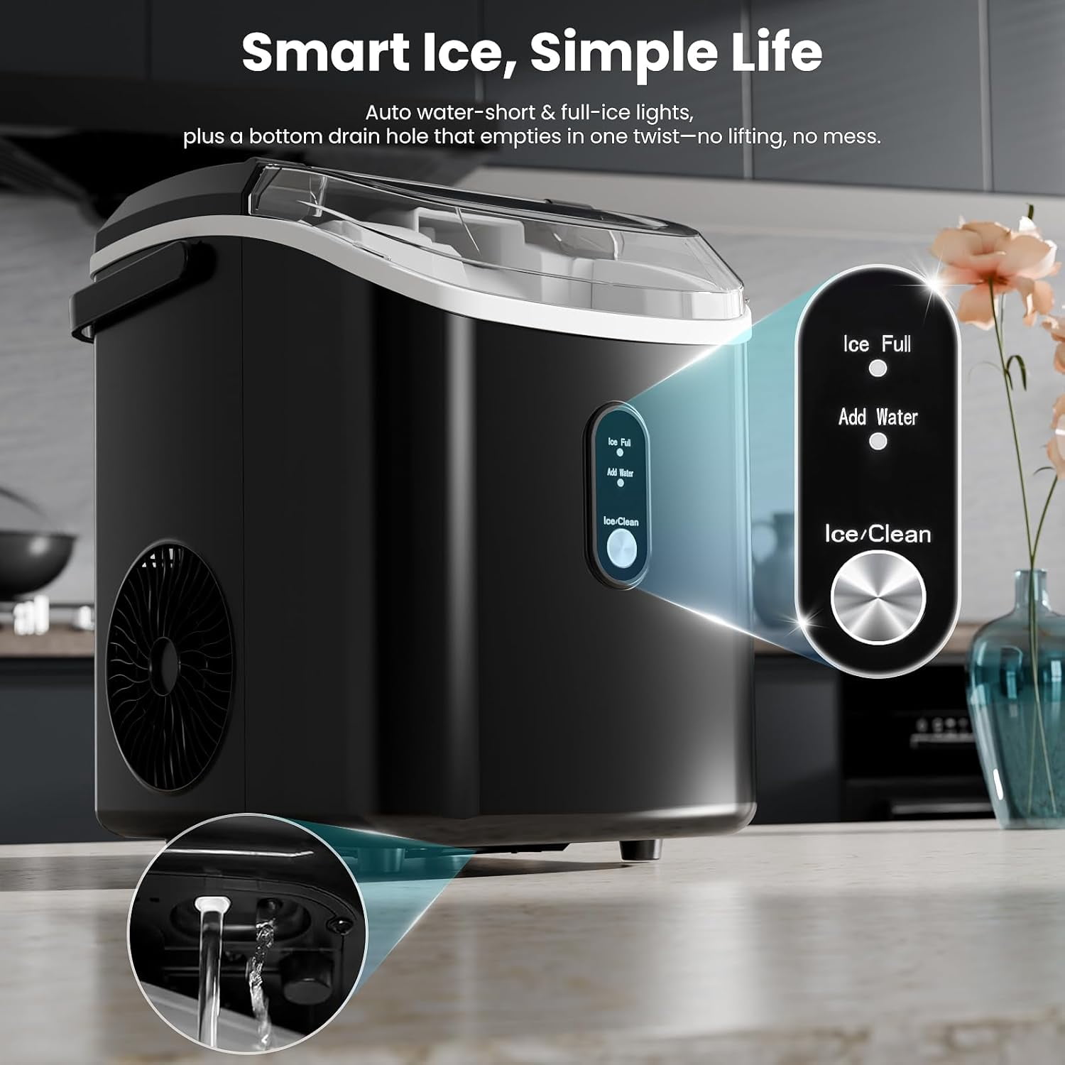 FREE VILLAGE Nugget Ice Makers Countertop,Portable Ice Maker Machine with Self-Cleaning,35lbs/24H,Crushed Ice Machine with Handle & Scoop for Home,Kitchen,Office and Camping - Black
