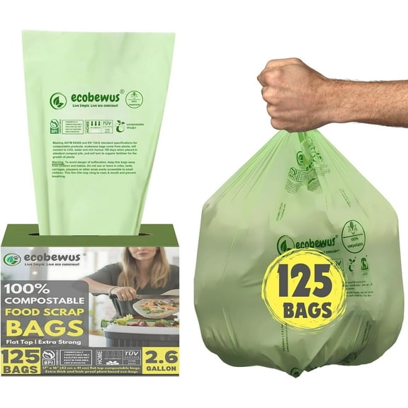 2.6 Gallon 100% Compostable Food Scrap Bags (125 Bags) Small Disposable Compost Trash Bags Garbage Bags US BPI Certified TUV OK Compost Home Certified Meeting ASTM D6400 (125 ct.)