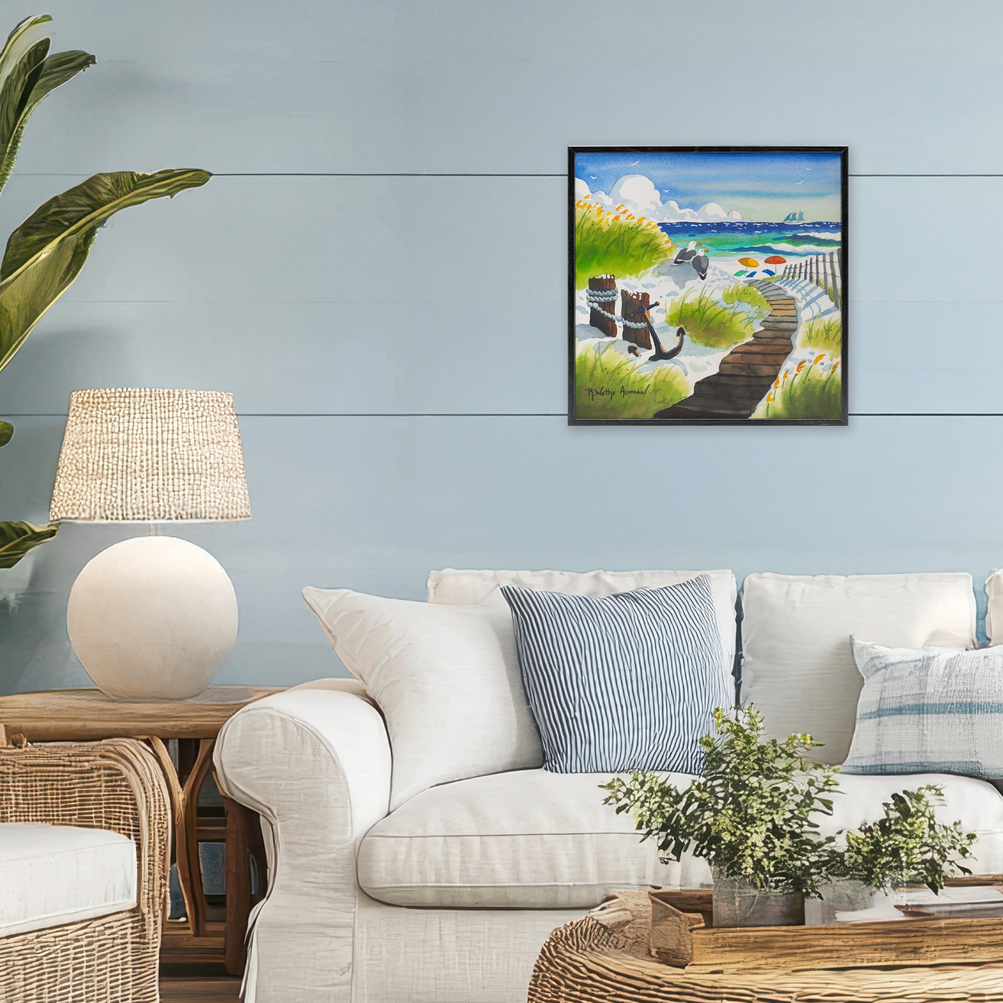 Stupell Industries Seagull & Anchor on Shore Black Framed Giclee Art, design by Robin Altman