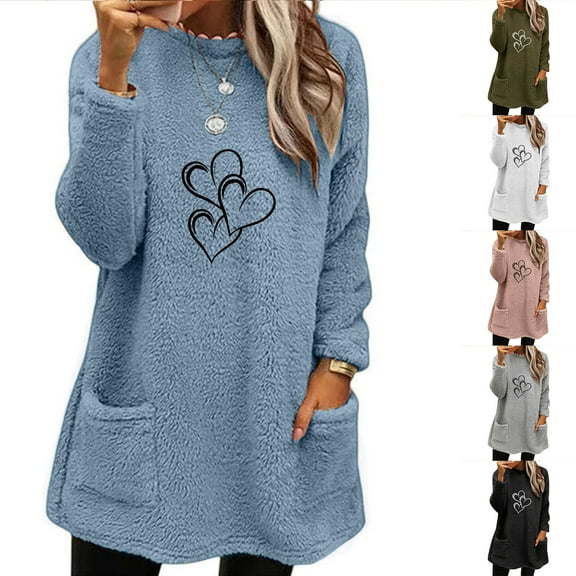 lcziwo Womens Winter Warm Fuzzy Fleece Sweatshirts Cute Heart Graphic Long Sleeve Crewneck Sherpa Pullover Loose Comfy Loungewear Thermal Tops with Pockets 50% Percent Off Sales Today Black S