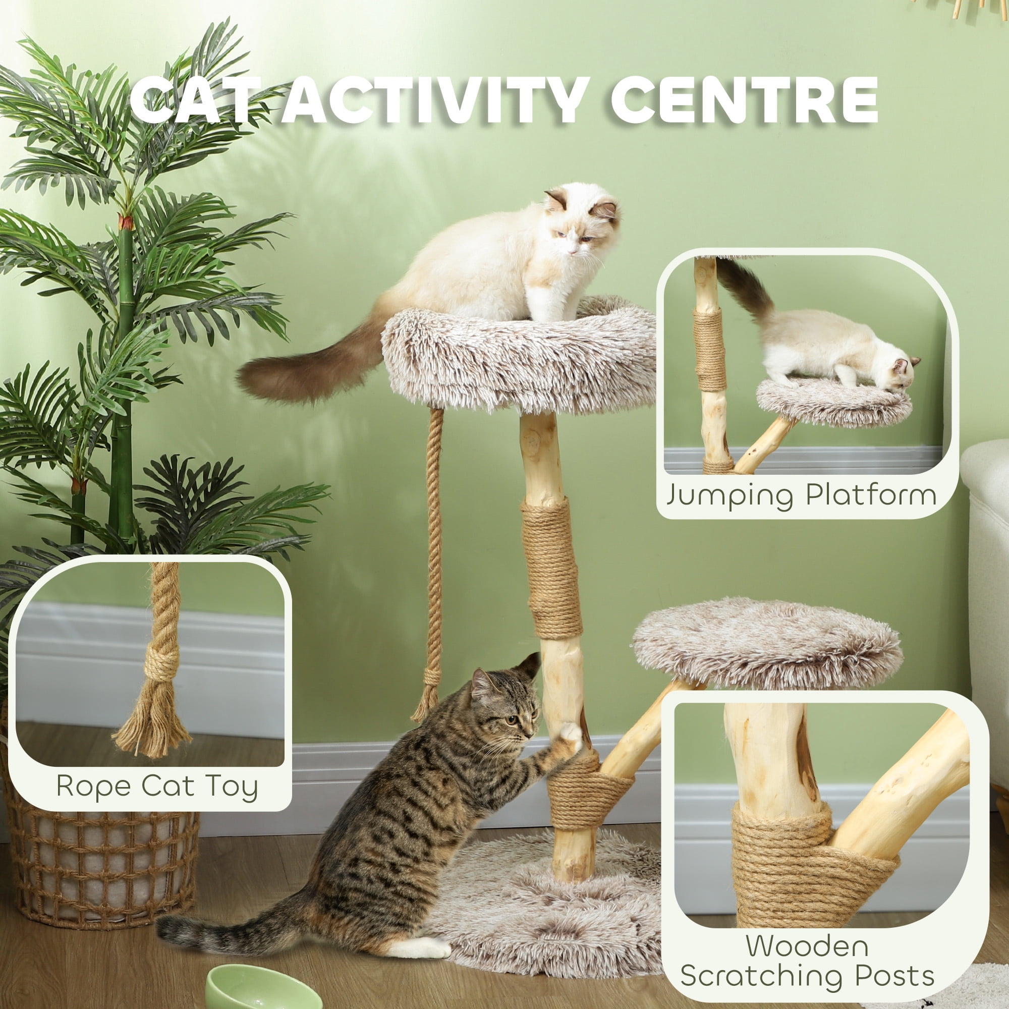PawHut 35 Inch Moden Cat Tree Tower with Wooden Scratching Post, Brown