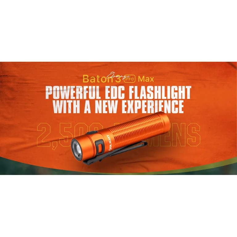 Olight Baton 3 Pro Max Orange EDC Flashlight, Cool White, 2500