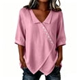 thumbnail image 3 of Craaazy Shirts for Women Three Quarter Sleeve Relaxed Fit Solid Color V Neck Cotton Linen Tees for Casual Summer Vacation, 3 of 6