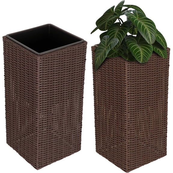 Tall Planter and Sierra Square Wicker Planter Set of 2 - Modern Outdoor Planters for Patio, Balcony, or Garden