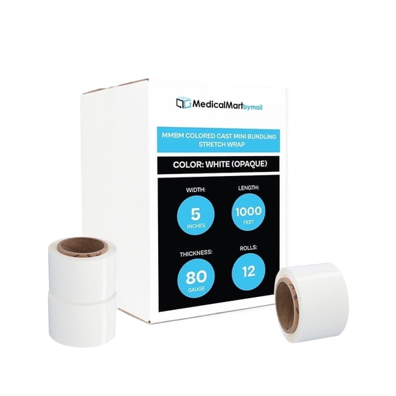 MMBM White Mini Stretch Wrap with Reusable Handle 5 Inch x 1000 Feet 80 Gauge 12 Rolls Plastic Film for Shipping