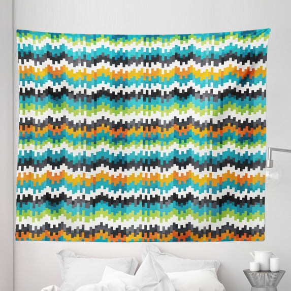 Geometric Tapestry, Abstract Trippy Funky Digital Complex Forms Creative Mosaic Technology Motif, Fabric Wall Hanging Decor for Bedroom Living Room Dorm, 5 Sizes, Multicolor, by Ambesonne