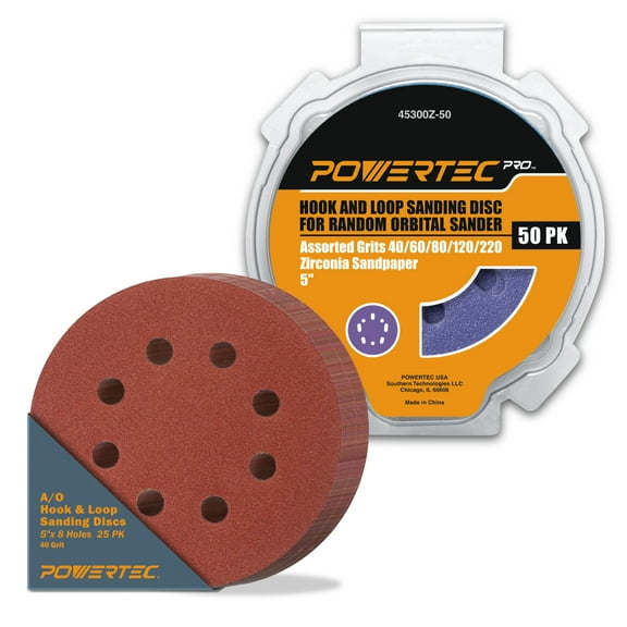 POWERTEC PRO 50PK 5" Hook and Loop Sanding Disc,40/60/80/120/220 Grit Zirconia Sandpaper for 5 & 8 Hole Random Orbital Sander & 25PK 5" 8 Hole Sanding Disc-Automotive,Paint,Metal,Woodworking, 45302ZN