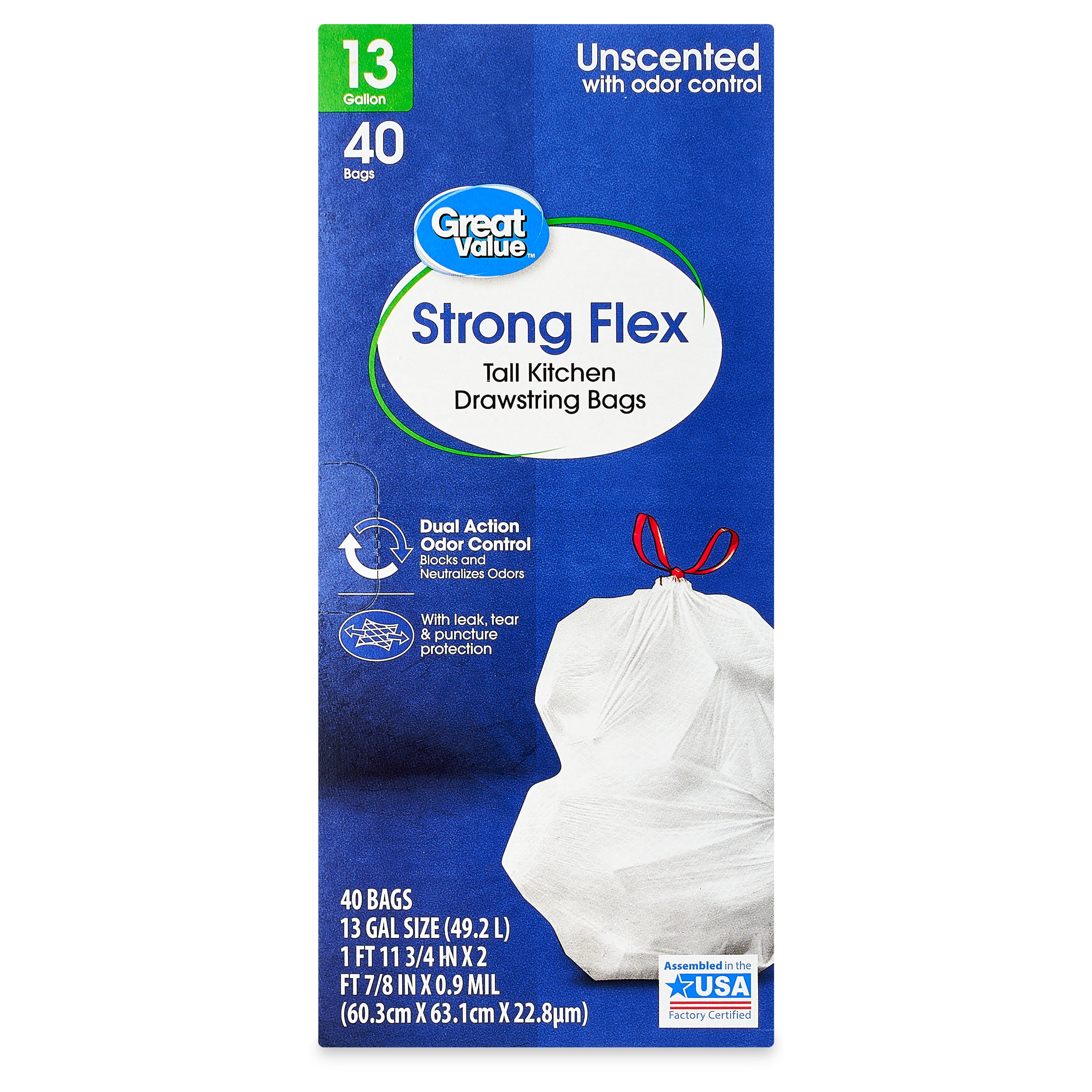 Great Value Strong Flex 13-Gallon Drawstring Tall Kitchen Trash Bags, Unscented, 40 Bags