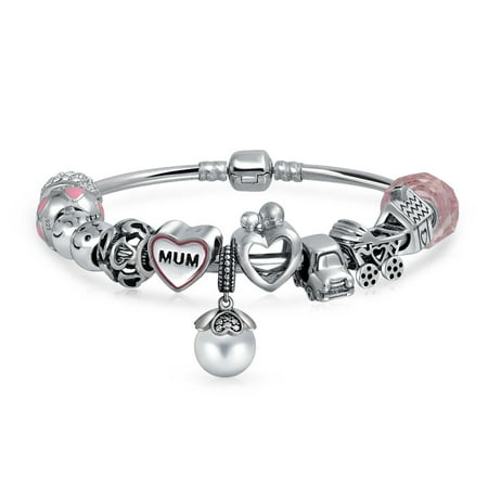 Bling Jewelry 925 Silver Mum Heart Charm Bead Bangle Bracelet