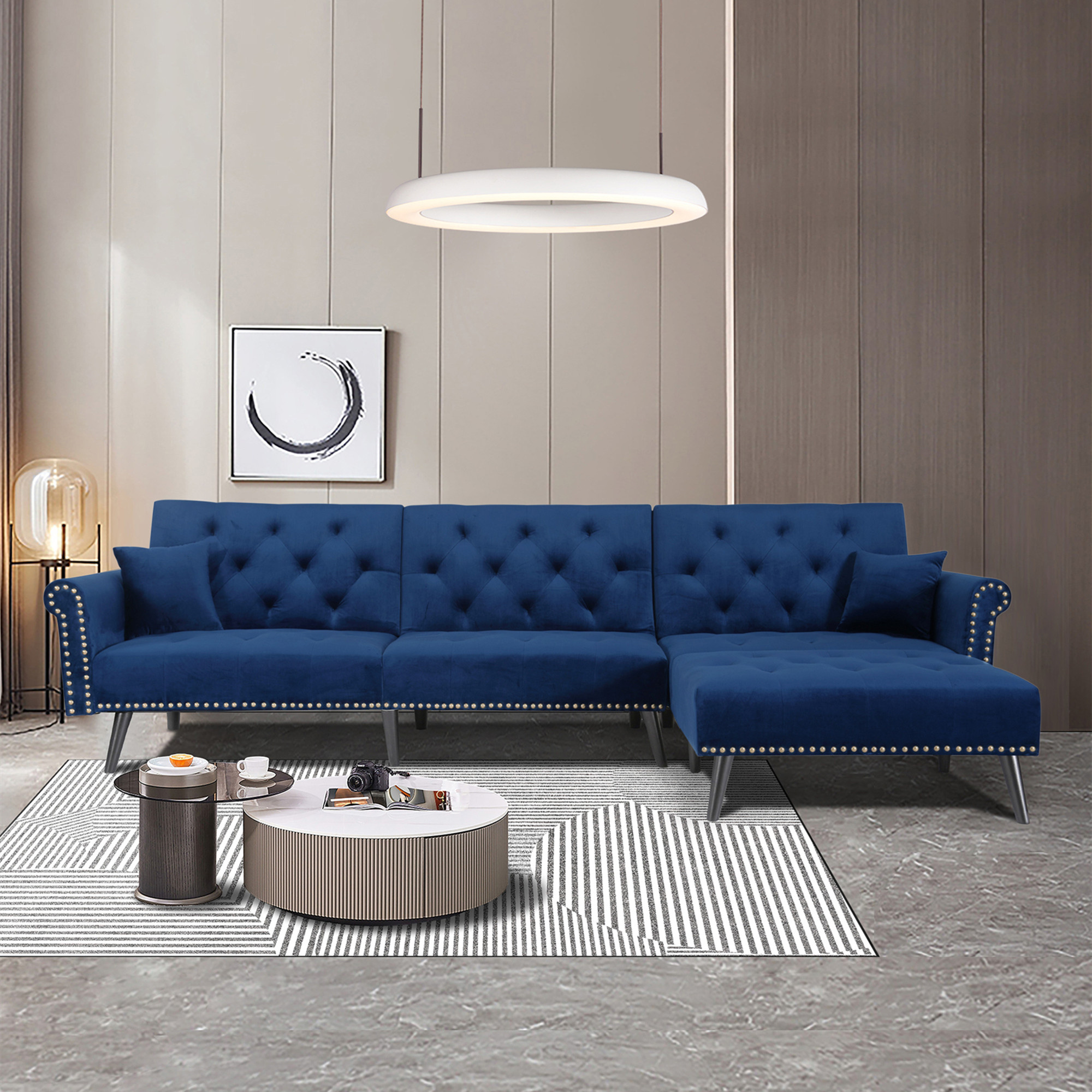Aukfa 115" Velvet Sectional Sleeper Sofa for Living Room, Convertible Sofa Bed Queen, Blue